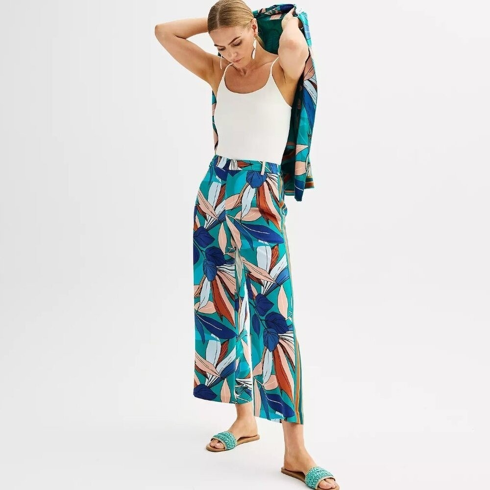 Nine West Teal Leaf Floral Print Three Piece Kimono SM‎ & Wide Leg Pants MED Set